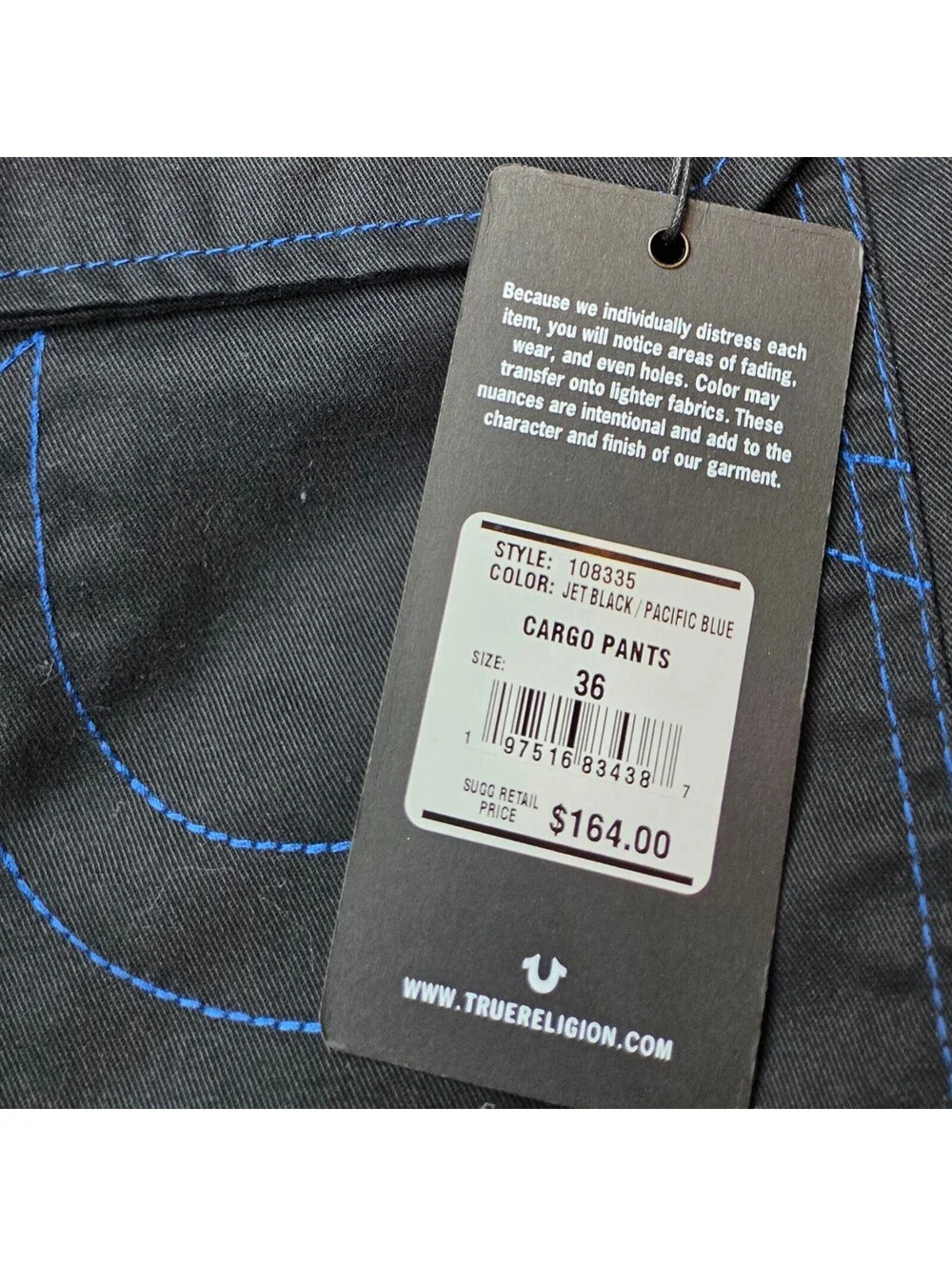 NWT True Religion Men's Jet Black / Pacific Blue Cargo Pants Size 36x32